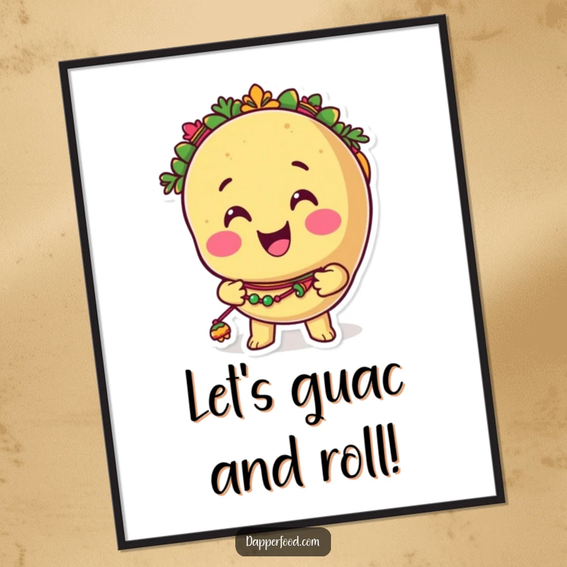 Funny Free Printable Wall Art: Anthropomorphic taco joyfully shaking tiny maracas, bringing fiesta vibes to any room.