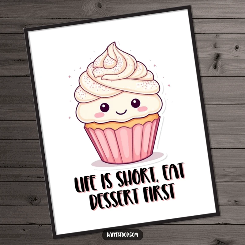 Funny Free Printable Wall Art of a happy cupcake character with frosting hair, playfully showered in glitter, bringing joy.