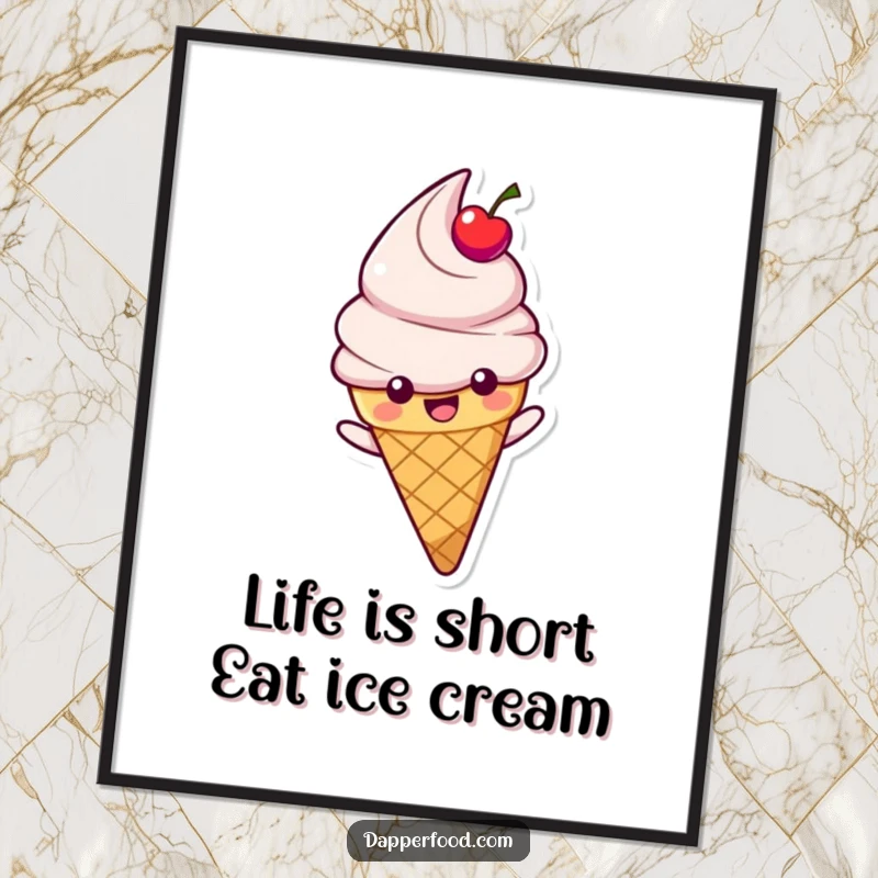 Funny Free Printable Wall Art: A happy ice cream cone character with cherry topping, sliding down a rainbow, exuding pure delight.