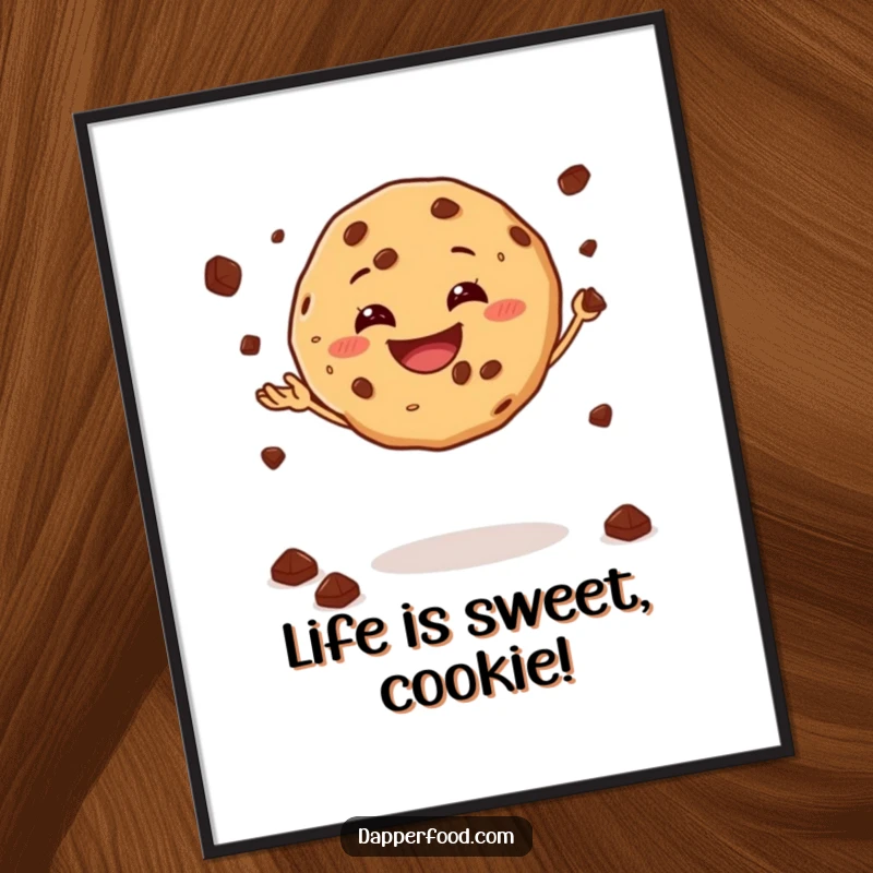 Funny Free Printable Wall Art: A grinning cookie gleefully juggling tiny chocolate chips while balancing, printable kitchen decor
