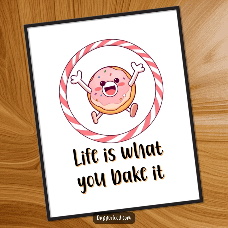 Funny Free Printable Wall Art: A gleeful donut enthusiastically jumps through a licorice hoop, a fun decor piece.