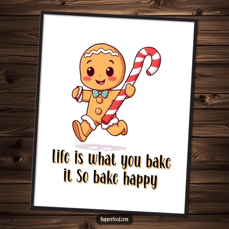 Funny free printable wall art of a playful gingerbread man character with arms running with a giant candy cane.