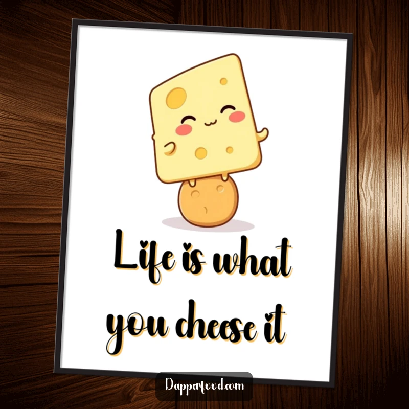 Funny Free Printable Wall Art: A giggling Kawaii cheese slice masterfully balanced on a cracker, looking pleased. Downloadable art.