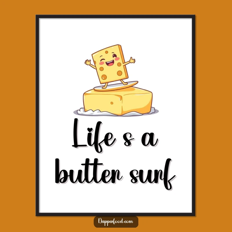 Free Printable Wall Art: Funny Surfing Cheese Slice, Quirky Downloadable Decor for Your Pad