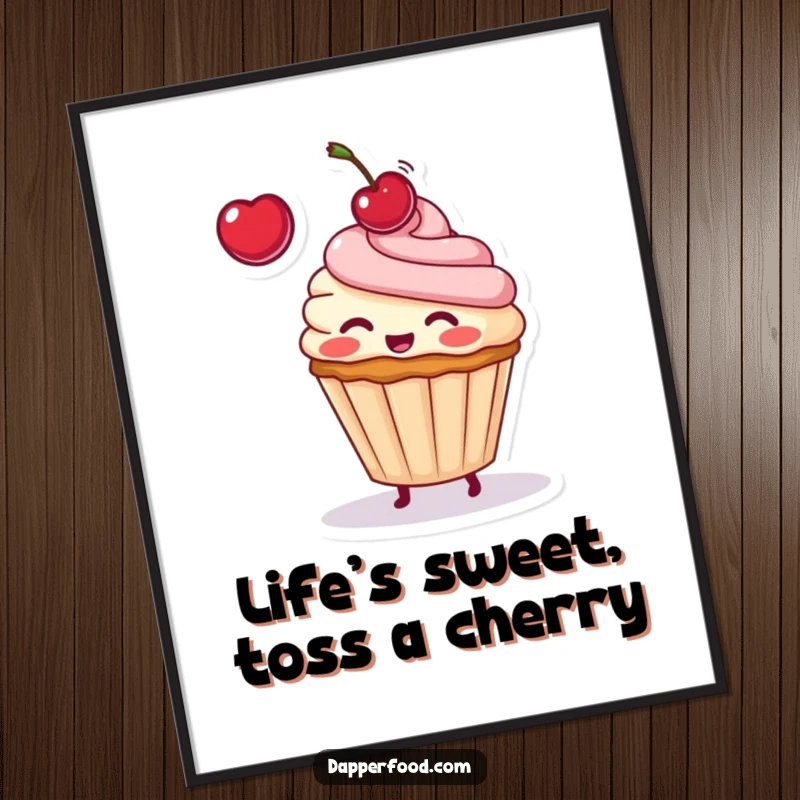 Funny Free Printable Wall Art: Blushing cupcake character playfully tossing a cherry, sweet and cheerful design.
