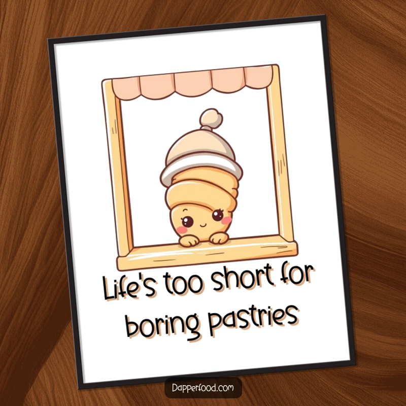 Funny free printable wall art of a curious croissant character with eyes and a tiny hat, peeking from a bakery window.