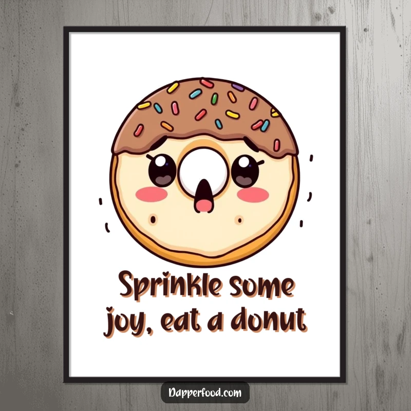 Funny Free Printable Wall Art: Surprised doughnut character with sprinkles raining down, cheerful and sweet design.