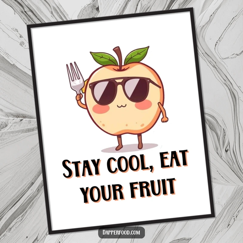 Funny free printable wall art: a blushing apple character in sunglasses gives a smart salute with a tiny fork.