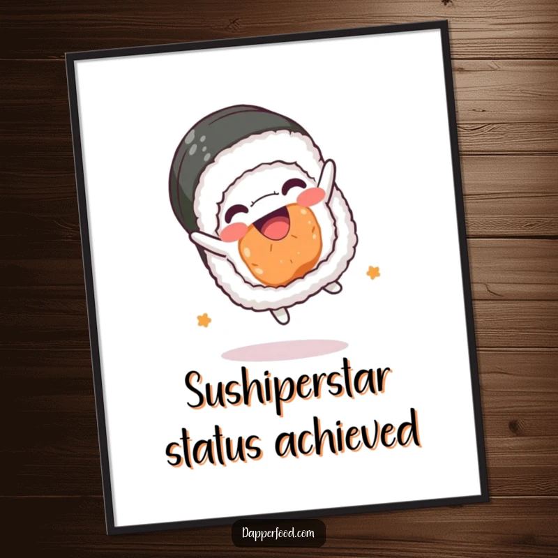 Funny Free Printable Wall Art: Energetic Kawaii sushi roll executing a somersault with a big, happy grin. Downloadable art.