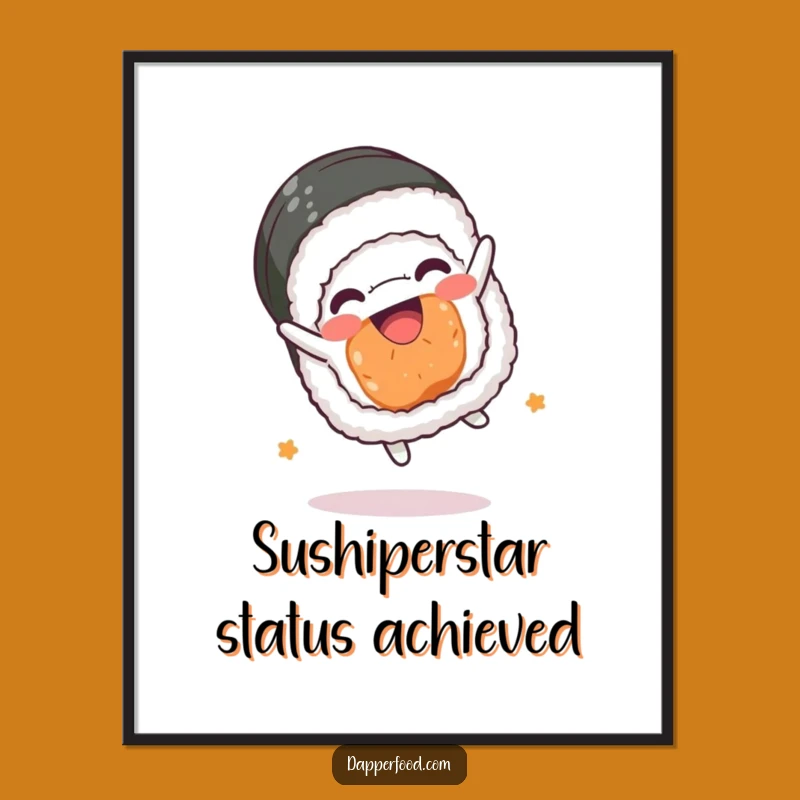 Free Printable Funny Sushi Wall Art: Kawaii Roll Doing a Joyful Somersault Downloadable