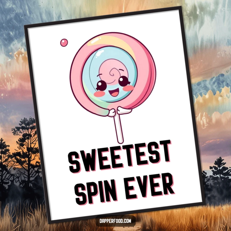 Funny Free Printable Wall Art: Kawaii lollipop spinning gleefully with a happy expression, vibrant decor.