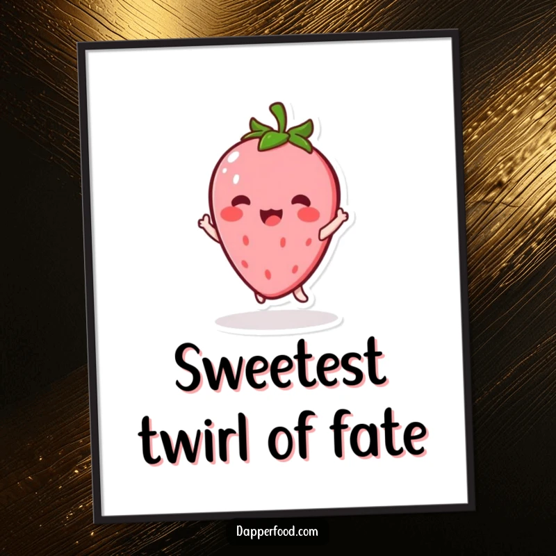 Funny Free Printable Wall Art: Kawaii strawberry character joyfully doing a twirl, cute fruity art.
