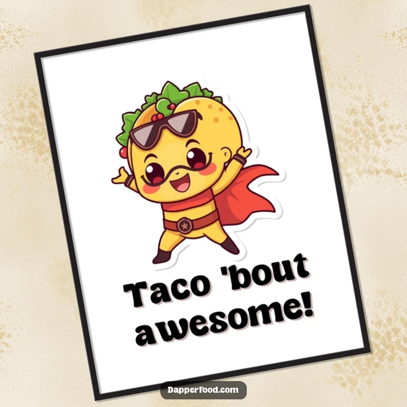 Funny Free Printable Wall Art: A cheerful taco striking a dramatic superhero pose, perfect for kitchen decor, downloadable art