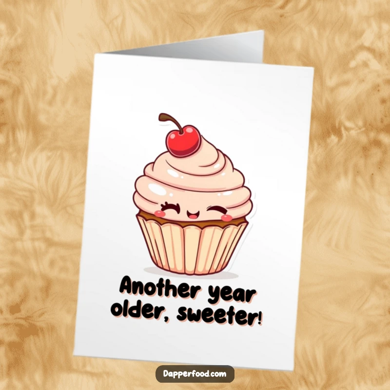 Funny Free Printable Birthday Card: A cheeky cupcake with a tilted cherry winks mischievously, ready to celebrate.