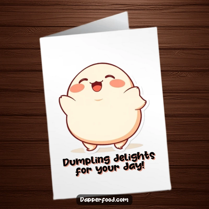 Funny Free Printable birthday card featuring a plump, giggling dumpling character bobbing excitedly, full of birthday cheer.