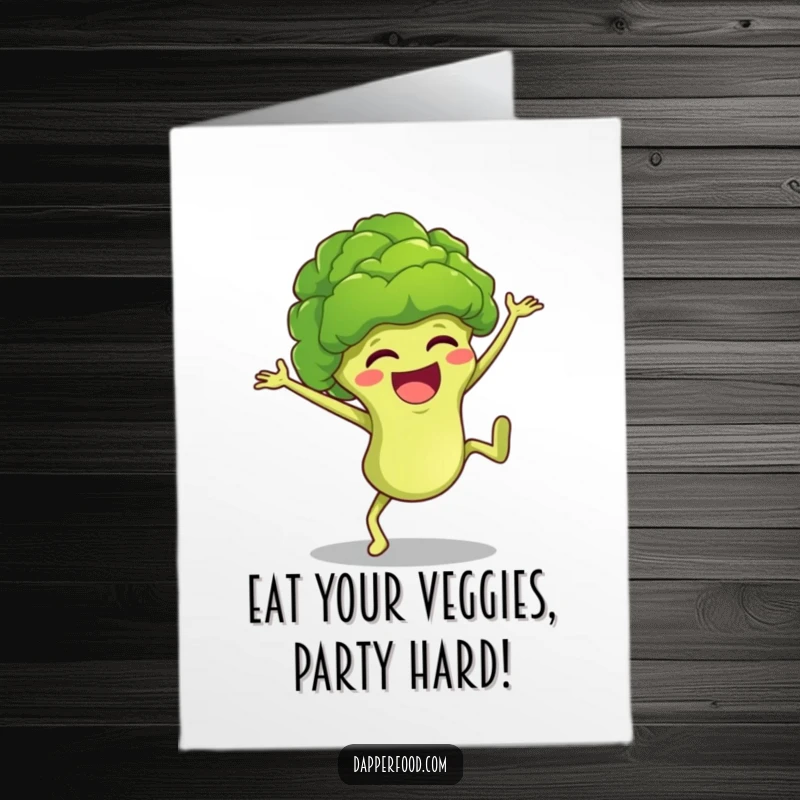 Funny Free Printable Broccoli Birthday Card: A giggling green floret doing a cartwheel with pure joy and excitement.