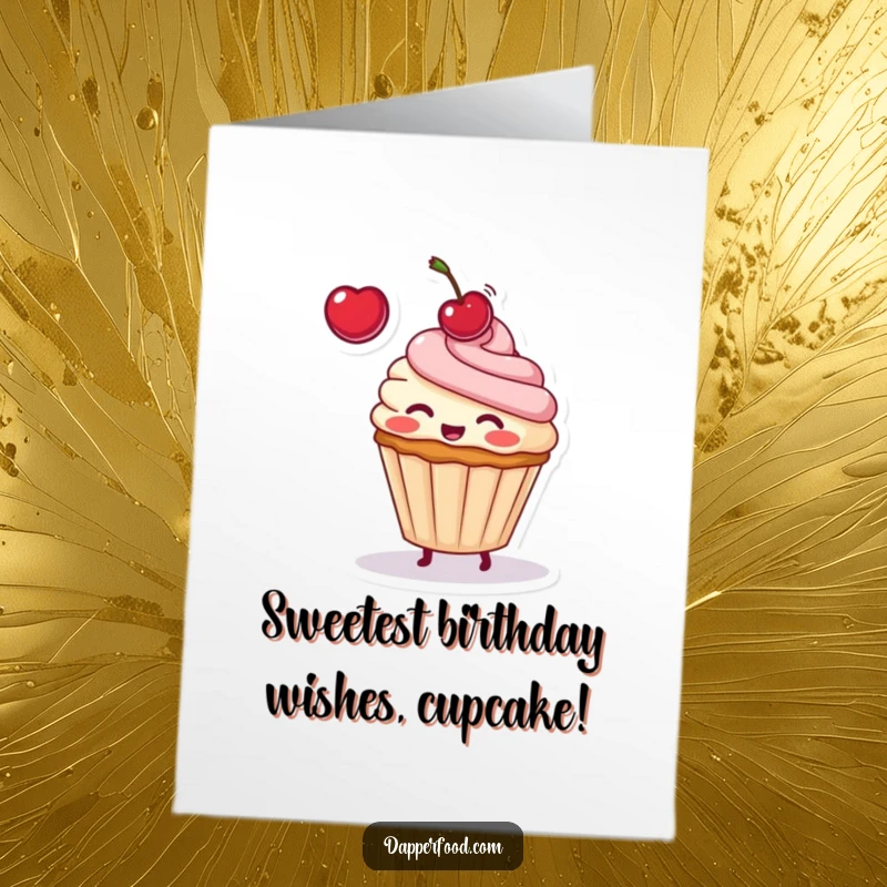 Funny Free Printable Birthday Card: Blushing cupcake character playfully tossing a cherry, sweet and celebratory art.