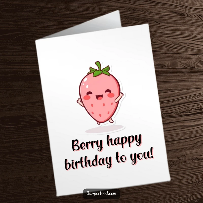 Funny Free Printable Birthday Card: Kawaii strawberry character excitedly doing a twirl, a delightful birthday surprise.