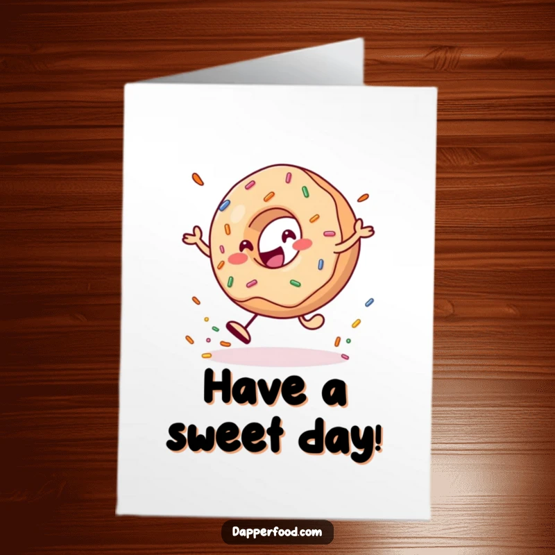 Funny Free Printable Birthday Card: A cheerful donut character playfully bounces a giant, colorful sprinkle.
