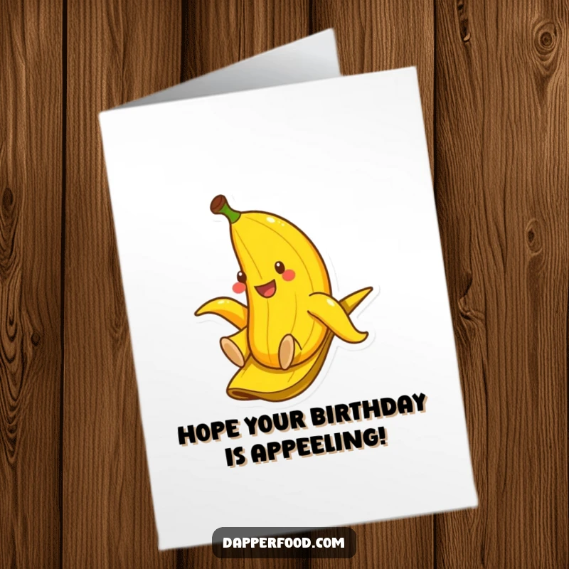 Funny Free Printable Birthday Card: Smiling banana playfully slides down a banana peel slide for a birthday.