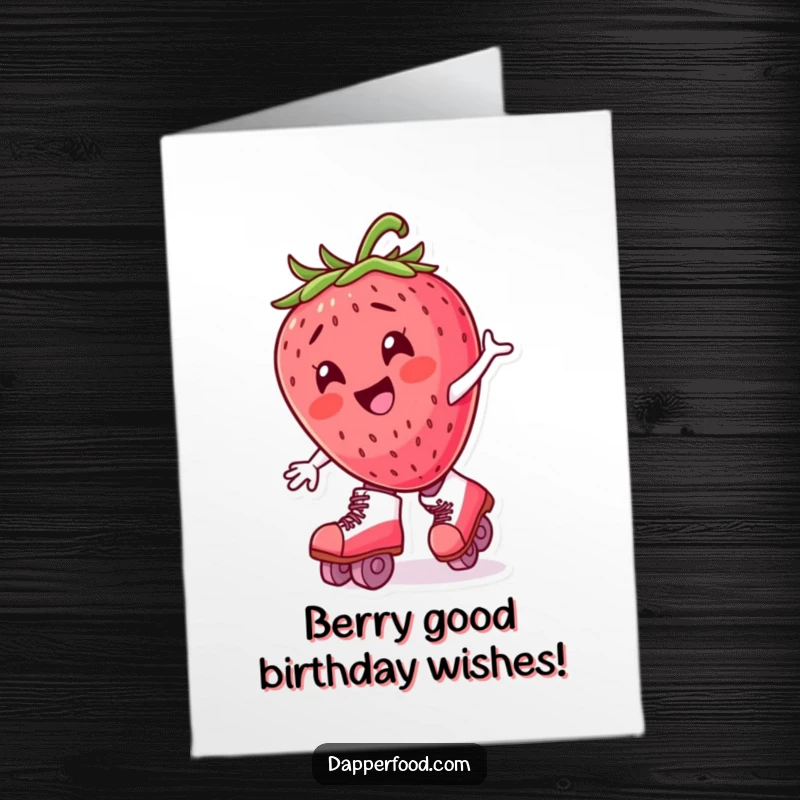 Funny free printable birthday card: Delighted strawberry character wobbling on oversized roller skates, ready to party.