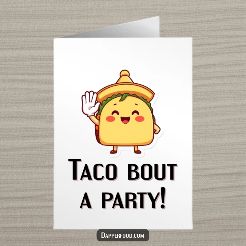 Funny Free Printable Birthday Card: A happy taco in a sombrero salutes enthusiastically, ready to celebrate.