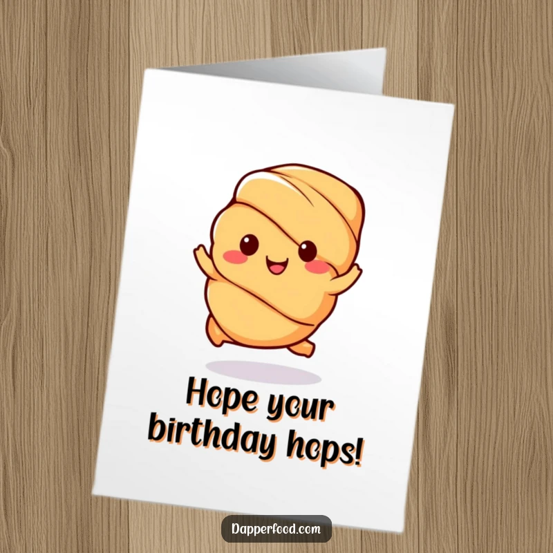 Funny Free Printable Birthday Card: Kawaii croissant character happily doing a little hop, a sweet wish.