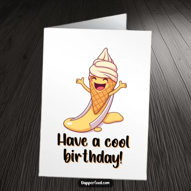 Funny Free Printable Birthday Card: Laughing Ice Cream Cone with Arms Sliding Down a Delicious Syrup Slide