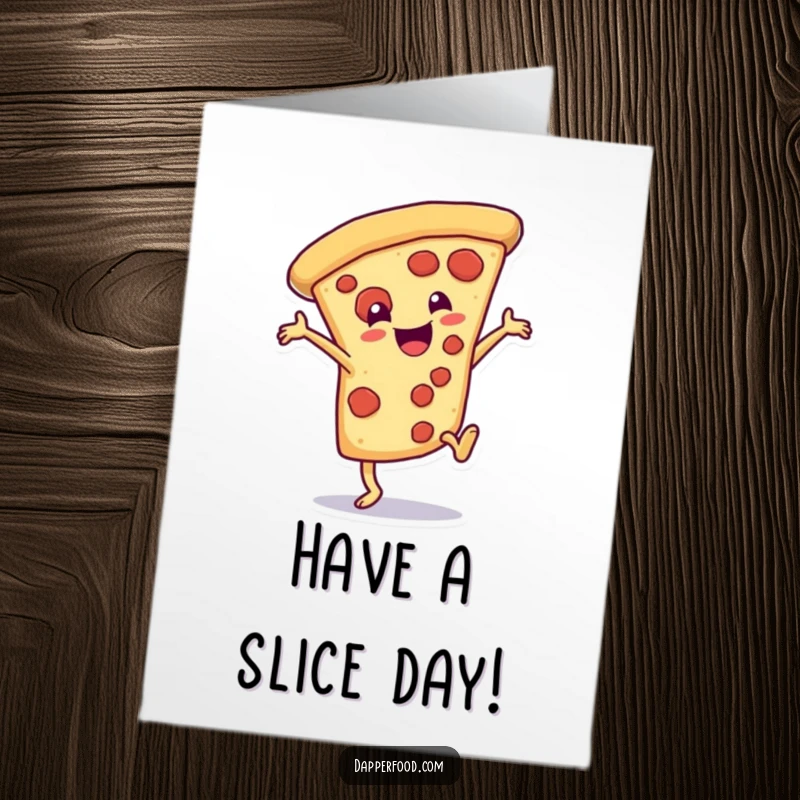 Funny Free Printable Birthday Card: A delighted slice of pizza performs a dramatic cartwheel with toppings flying.