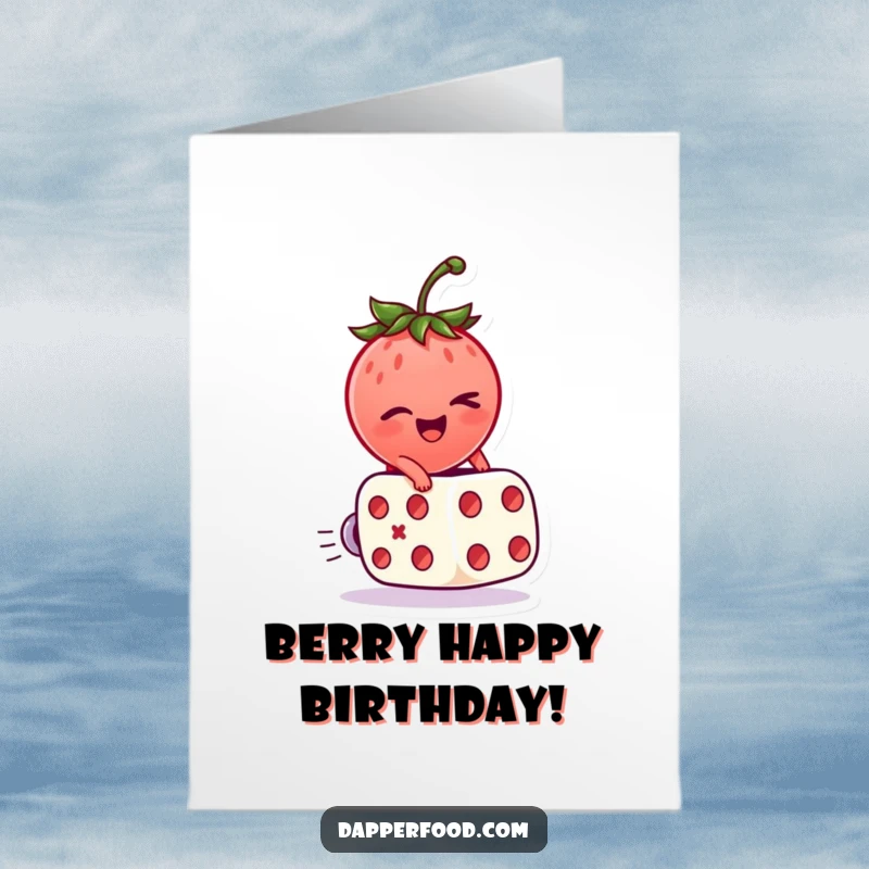 Funny Free Printable Birthday Card: A winking strawberry character rides atop a rolling dice with excitement.