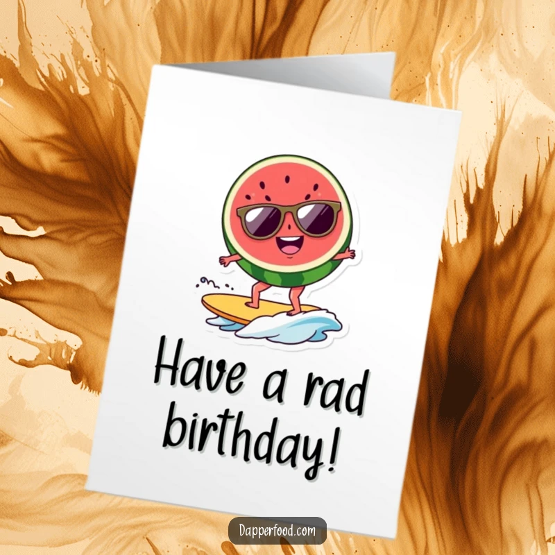 Funny Free Printable Birthday Card: Cheerful watermelon slice in sunglasses surfing a small wave.