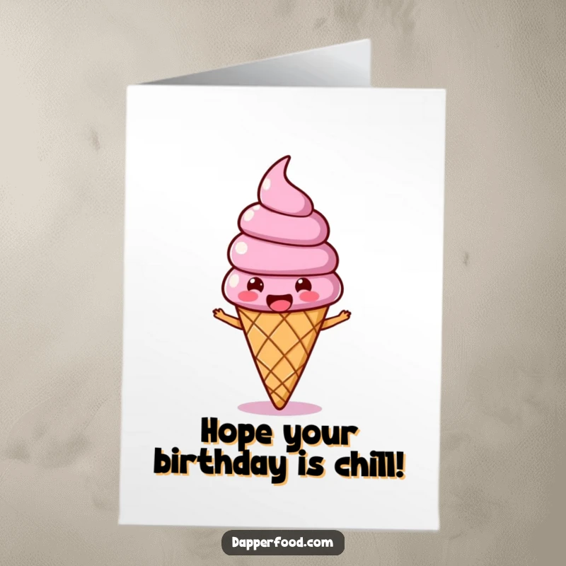 Funny Free Printable birthday card featuring a joyous ice cream cone character with a wobbling topping bopping along.