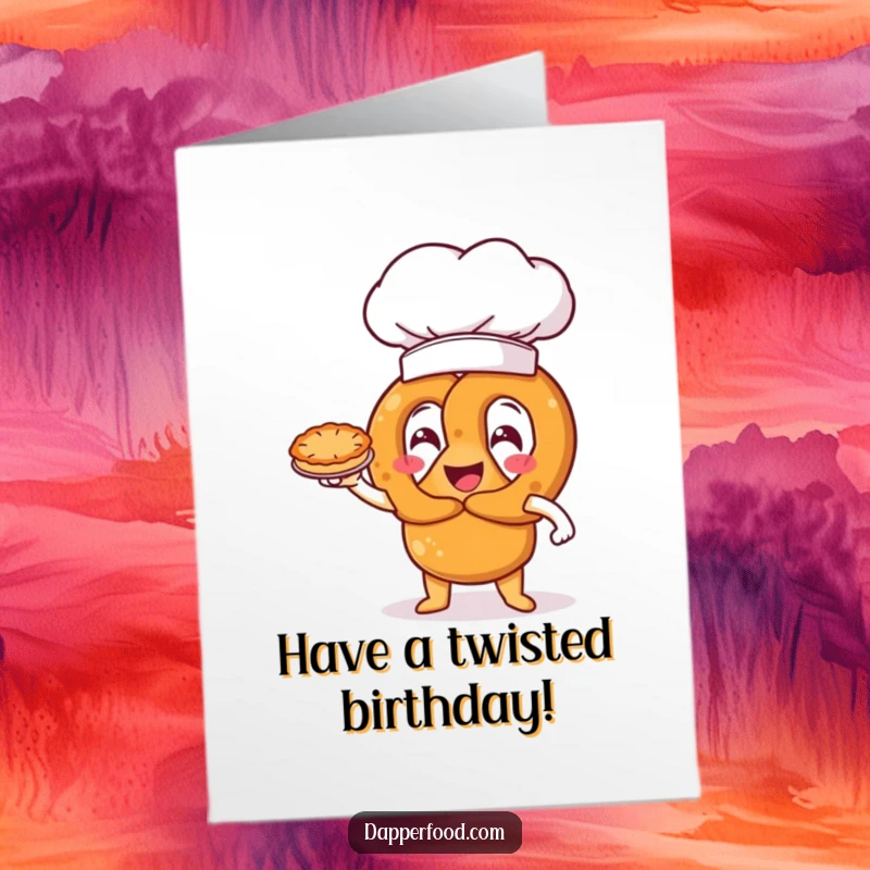 Funny Free Printable Birthday Card: Happy pretzel character in an oversized chef hat presents a miniature pie triumphantly.