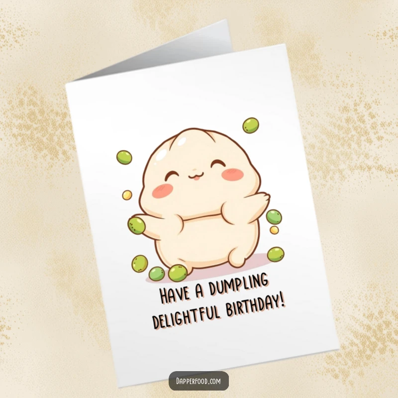 Funny Free Printable Birthday Card: A playful dumpling with rosy cheeks expertly balances on a tiny ball for a birthday wish.