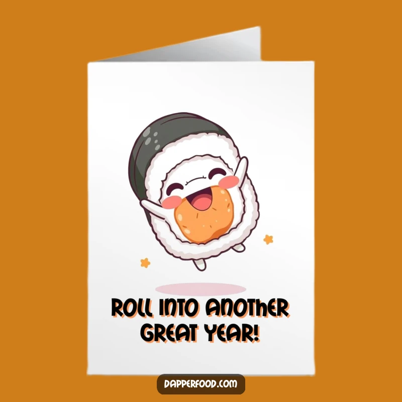 Free Printable Funny Sushi Birthday Card: Kawaii Roll Somersaulting Joyful Downloadable Gift