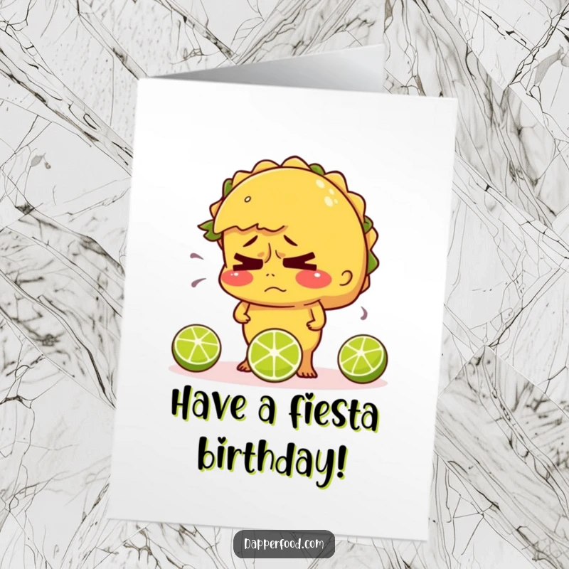 Funny Free Printable Birthday Card: Nervous taco sweating profusely while attempting to juggle three tiny limes.