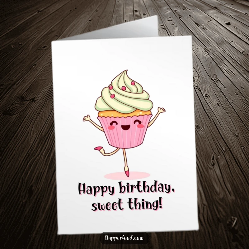 Funny Free Printable Birthday Card: Cheerful Cupcake with Legs Performing a Graceful Ballet Pirouette