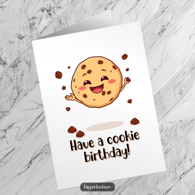 Funny Free Printable Birthday Card: A grinning cookie gleefully juggling chocolate chips while balancing, perfect for birthdays, DIY