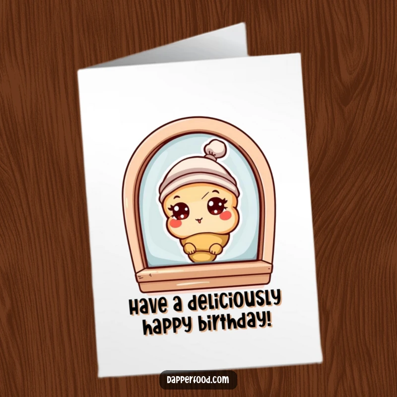 Funny Free Printable Birthday Card: A curious croissant with eyes and hat peeks from a bakery window, ready for treats.