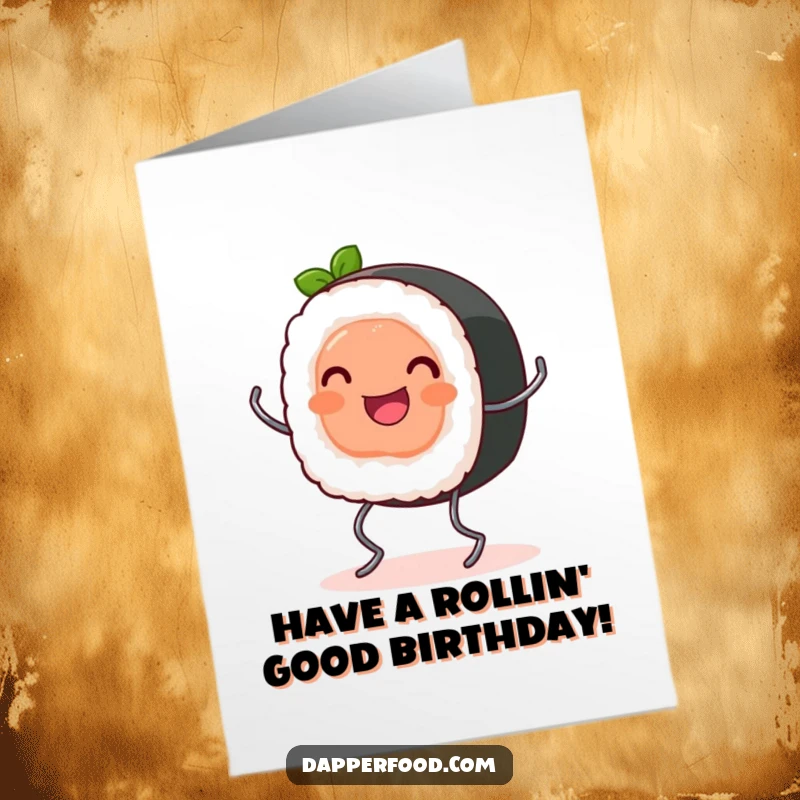 Funny free printable birthday card: a happy sushi roll bounces joyfully on tiny spring legs, celebrating with energetic fun.