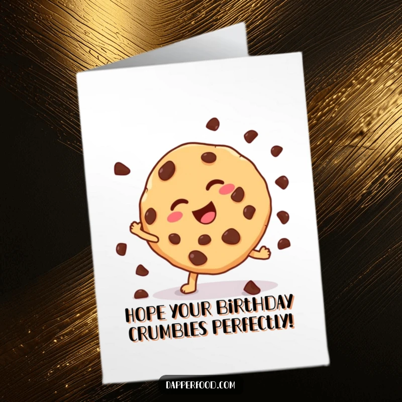 Funny Free Printable Birthday Card: Giggling cookie with chocolate chips mid-cartwheel, chips flying.