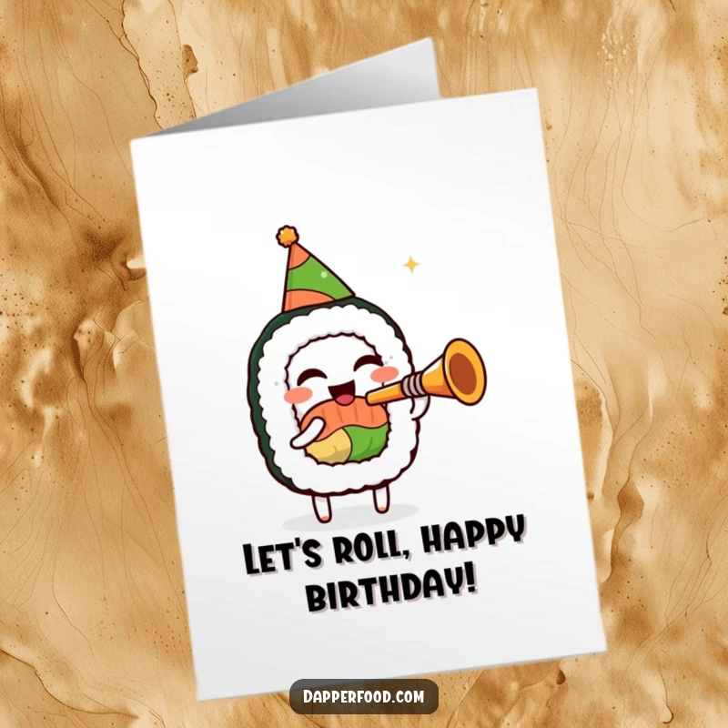 Funny Free Printable Birthday Card: A happy sushi roll wearing a party hat, playing a tiny trumpet with great enthusiasm.