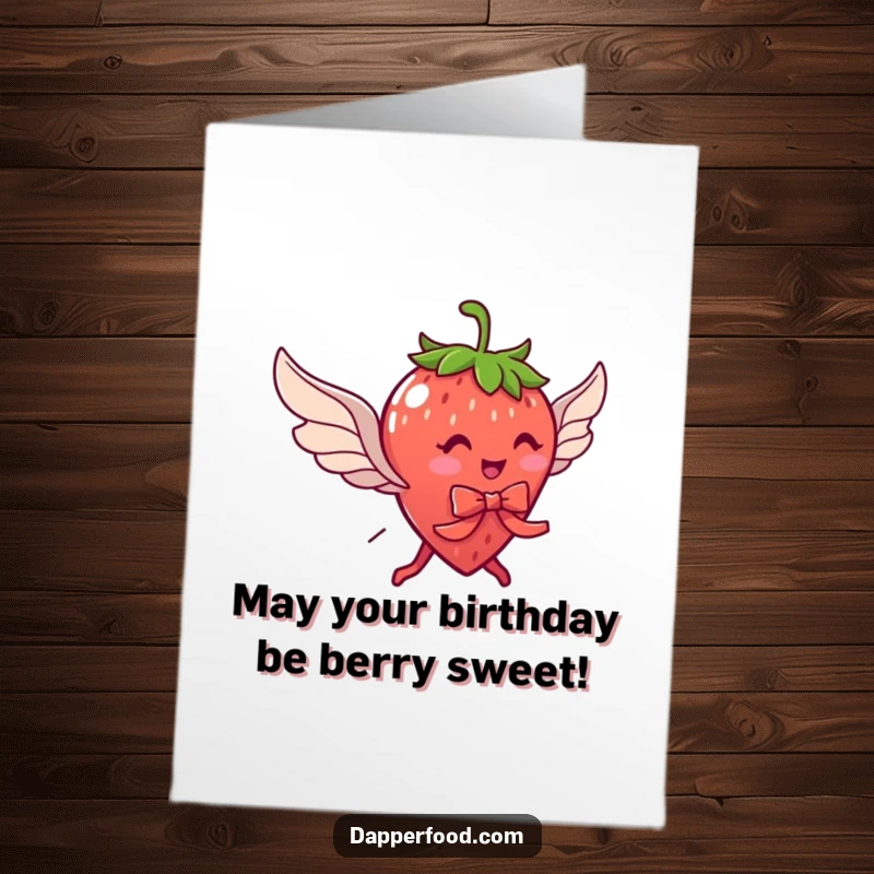 Funny free printable birthday card: a plump strawberry with legs and ribbon attempts flight with tiny wings, hilariously determined.
