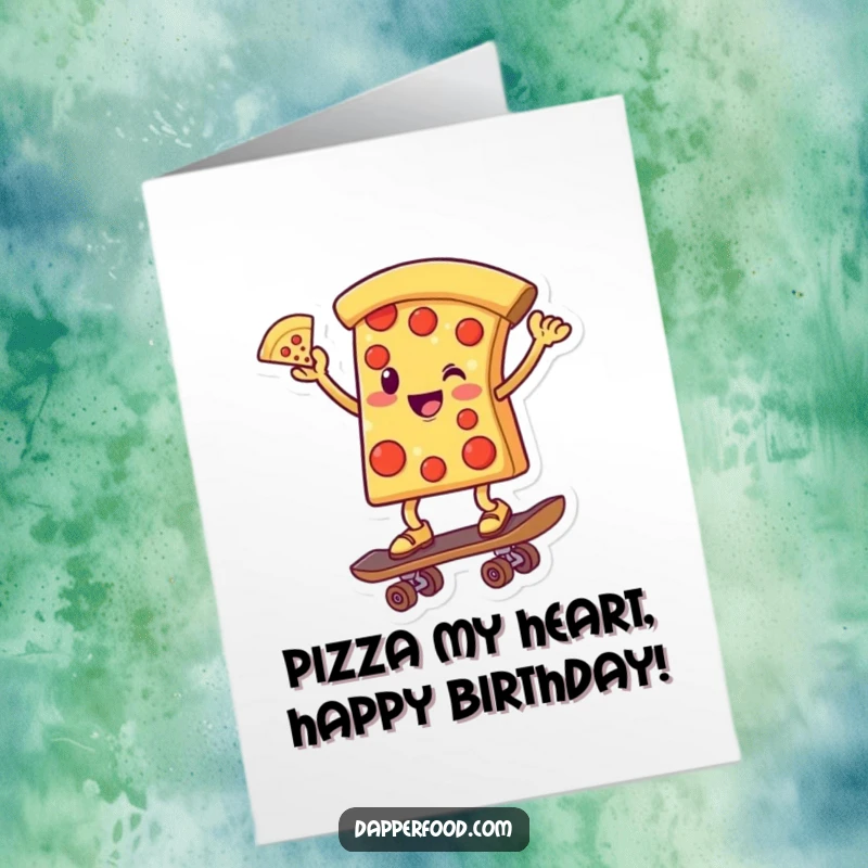 Funny Free Printable Birthday Card: Smiling Pizza Skater balancing on skateboard, one slice up, ready to party.