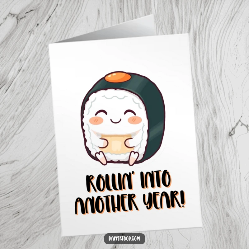 Funny free printable birthday card: A grinning sushi roll with eyes closed, meditating peacefully, cartoon style.