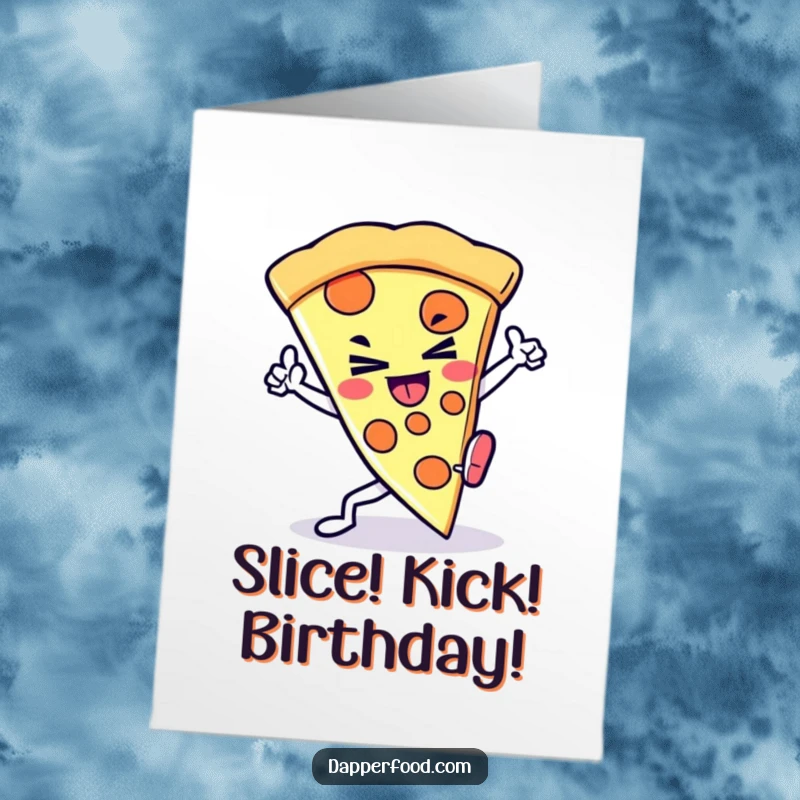 Funny Free Printable Birthday Card: Kawaii pizza slice with a determined grin performing a powerful kick.