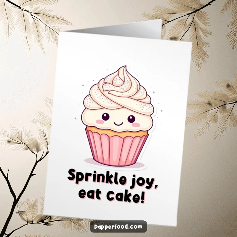 Funny Free Printable Birthday Card featuring a happy cupcake character with frosting hair showering in glitter, ready for a laugh.