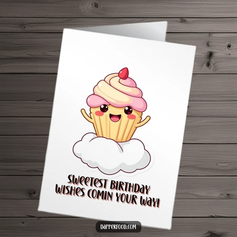 Funny Free Printable Birthday Card: A cheerful Kawaii cupcake bouncing gleefully on a soft, white cloud. Downloadable art.