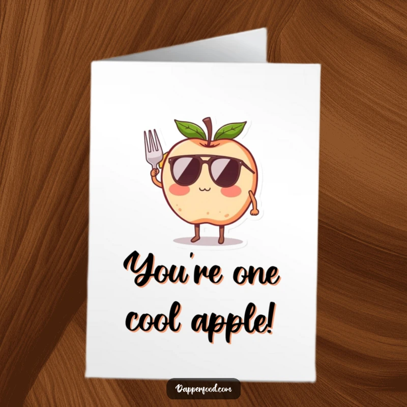 Funny free printable birthday card featuring a blushing apple with legs, sunglasses, and a tiny fork salute, looking cool.