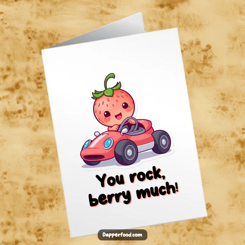 Funny Free Printable Birthday Card with a smiling strawberry character racing a tiny race car, celebrating with speed.